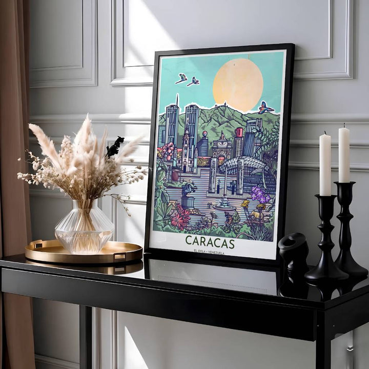 Eclectic pop art travel poster of Caracas showcasing a mint teal sky, golden sun, Mount El Ávila, and flying tropical parrots. Presented by MapYourDreams, this piece comes in flexible choices such as unframed paper stock, custom frames, and gallery canvas wraps.