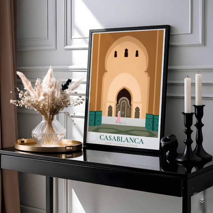 Elegant vector art poster of Casablanca Morocco Hassan II Mosque portal with subtle figure in pink traditional djellaba walking across marble plaza. Presented by MapYourDreams, this artwork is available in flexible options including unframed paper, custom wooden frames, and gallery canvas wraps for living room art.