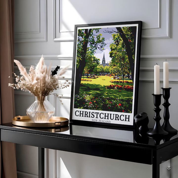 Shaded park trees and colorful gardens surrounding Christchurch Cathedral in Christchurch Botanic Gardens highlight this travel poster. MapYourDreams offers framed, unframed, and canvas print options.