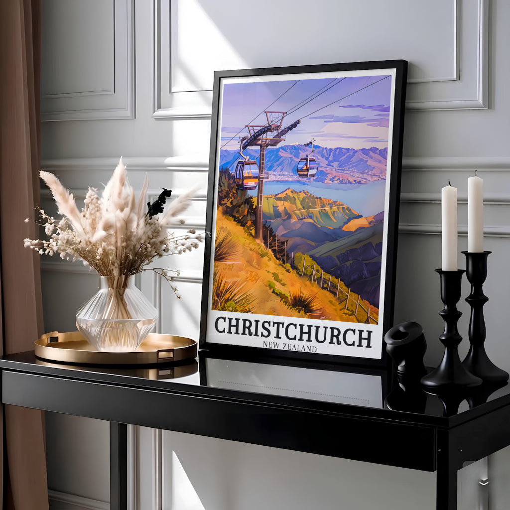 Golden tussock slopes on Port Hills and purple twilight mountains overlooking Lake Ellesmere define this ChristChurch print. MapYourDreams offers archival framed, unframed, and gallery canvas decor formats.