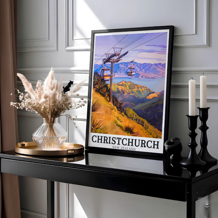 Golden tussock slopes on Port Hills and purple twilight mountains overlooking Lake Ellesmere define this ChristChurch print. MapYourDreams offers archival framed, unframed, and gallery canvas decor formats.