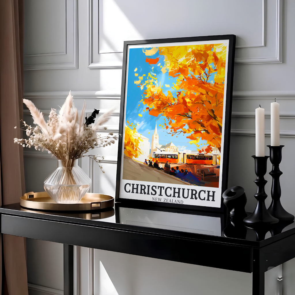 Golden yellow foliage and blue skies frame a heritage tram in Christchurch Cathedral Square on this New Zealand poster print. MapYourDreams offers fine art framed, unframed, and canvas formats.