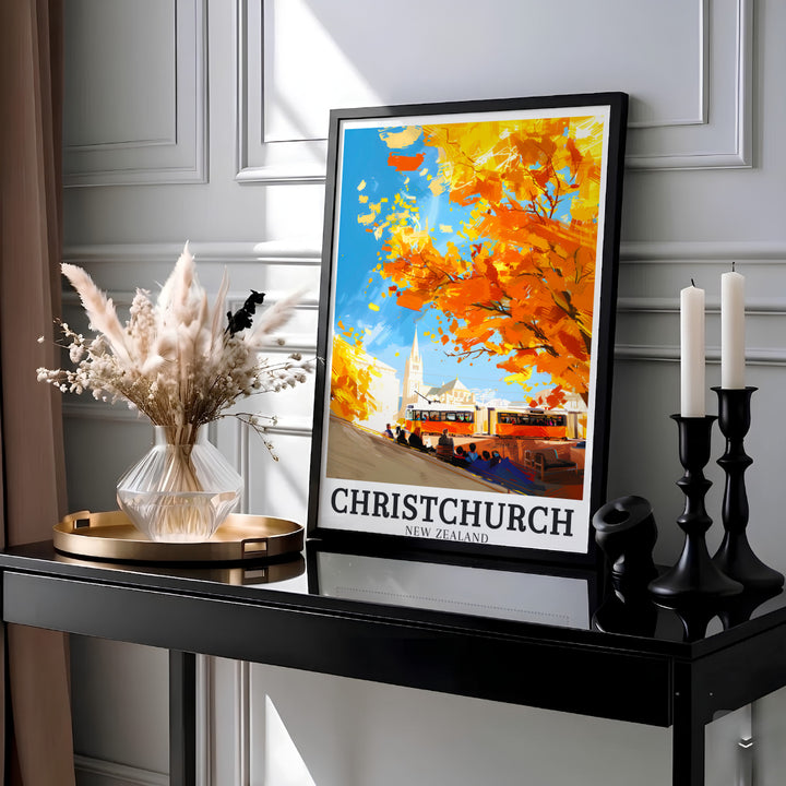 Golden yellow foliage and blue skies frame a heritage tram in Christchurch Cathedral Square on this New Zealand poster print. MapYourDreams offers fine art framed, unframed, and canvas formats.