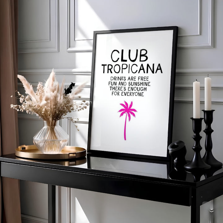 80s pop music wall art featuring the Club Tropicana song lyric quote and a vibrant pink palm silhouette, created by MapYourDreams with product choices spanning unframed art prints, stretched canvas, and custom frame options in black, white, and natural wood.
