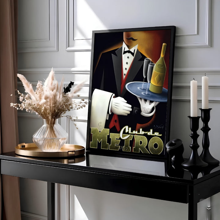 Speakeasy bar poster depicting a dapper tuxedo waiter with white gloved hands carrying champagne flutes at Club de Metro, created by MapYourDreams with choices available for an unframed paper print, a ready-to-hang gallery canvas, or custom framed wall art for lounges.