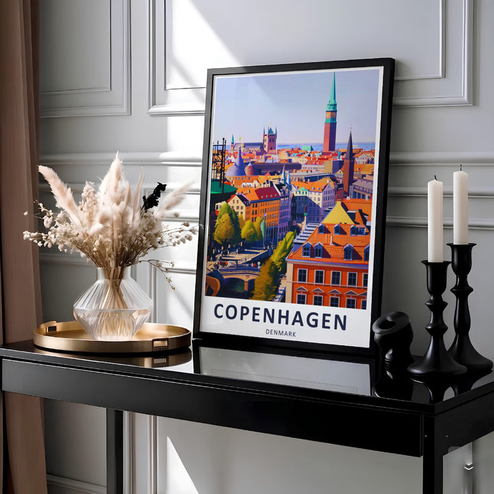 Scandinavian wall decor illustration of Old Town Copenhagen under a soft blue sky. Offered by MapYourDreams, this artwork is available in flexible options including unframed paper, custom wooden frames, and gallery canvas wraps for high quality display.