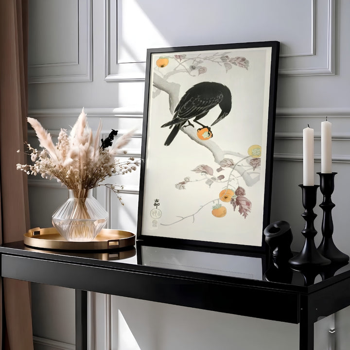 Detailed 1900 1910 Japanese woodblock print of a crow reflecting traditional Kyoto botanical garden heritage. MapYourDreams offers fine art framed, unframed, and canvas print options.