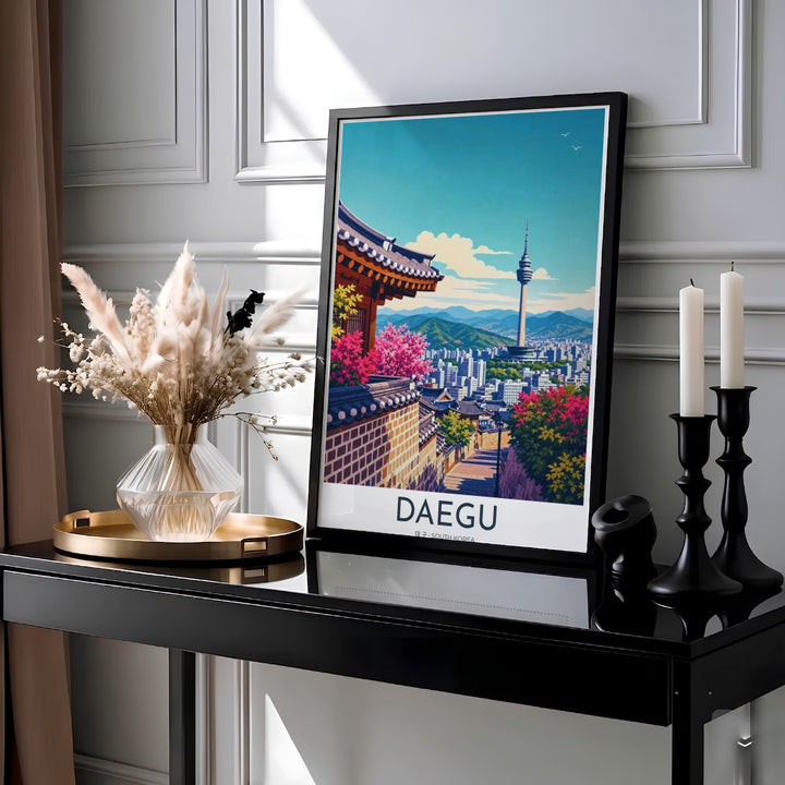 Elegant Asian landscape artwork capturing the harmonious contrast of traditional Hanok rooftops and modern high-rise cityscapes in Daegu, South Korea. Offered by MapYourDreams, this artwork is available in flexible options including unframed paper, custom wooden frames, and gallery canvas wraps.