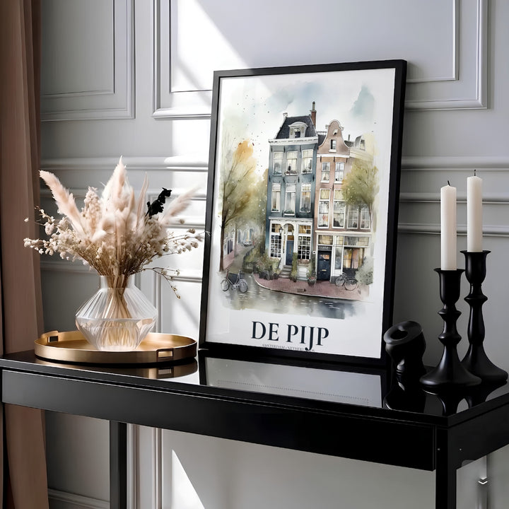 European neighborhood poster depicting historic slate blue and ochre townhouses in De Pijp Amsterdam Netherlands, crafted by MapYourDreams with choices available for an unframed paper print, a ready-to-hang gallery canvas, or custom framed wall art designed for study rooms.