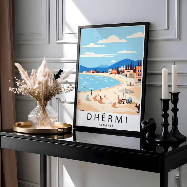 This vibrant peach and turquoise travel print showcases the Albanian Riviera at Dhërmi Beach with coastal village architecture for an inviting home focal point. Offered by MapYourDreams, this artwork is available in flexible options including unframed paper, custom wooden frames, and gallery canvas wraps.