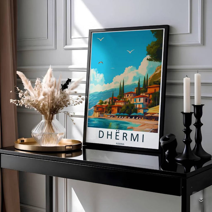 This vibrant Mediterranean wall art print showcases the coastal village of Dhërmi Albania with clay-tiled roofs and soaring seagulls. Offered by MapYourDreams, this artwork is available in flexible options including unframed paper, custom wooden frames, and gallery canvas wraps.