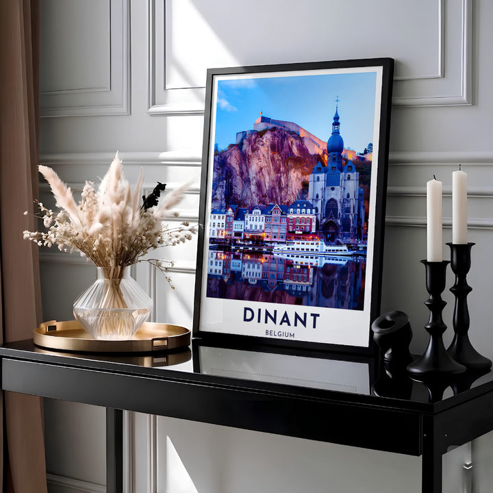 Luminous real photo wall print capturing the cliffside Citadel of Dinant, Belgium, illuminated over the quiet water. MapYourDreams provides this piece across multiple versatile formats including archival paper prints, custom framed styles, and stretched gallery canvas.