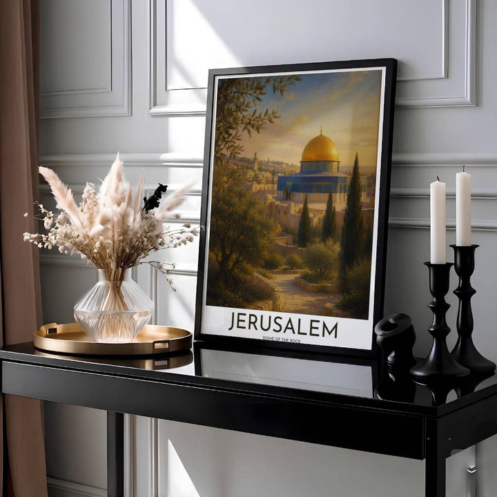 Warm golden hour travel print of Jerusalem Al Quds sanctuary with leafy olive branches and clean typography reading Jerusalem. Presented by MapYourDreams, this artwork is available in flexible options including unframed paper, custom wooden frames, and gallery canvas wraps for living room art.
