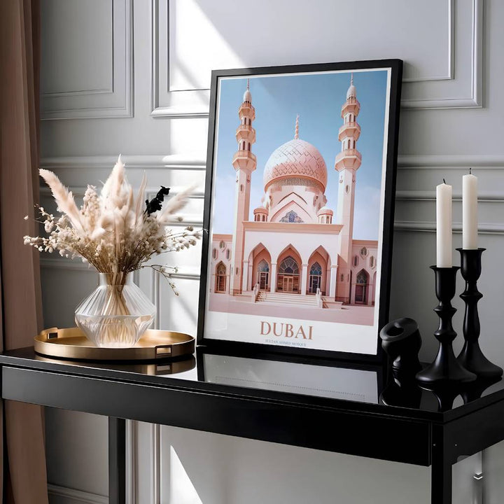 Modern UAE travel poster of Jumeirah Mosque in Dubai rendered in blushing desert pink and pale cyan sky tones. Presented by MapYourDreams, this artwork is available in flexible options including unframed paper, custom wooden frames, and gallery canvas wraps for living room art.
