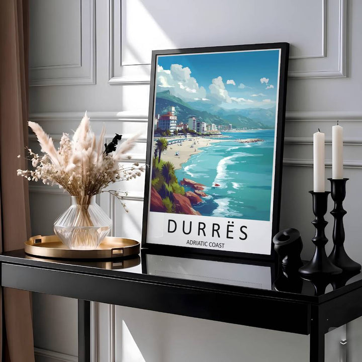 Rocky coastal cliffs and palm fronds frame a panoramic view of Durrës Beach in Albania, backed by modern hotels and mountain ridges. Customers can choose unframed art paper, custom wood frames, or gallery canvas wraps to suit their decor.