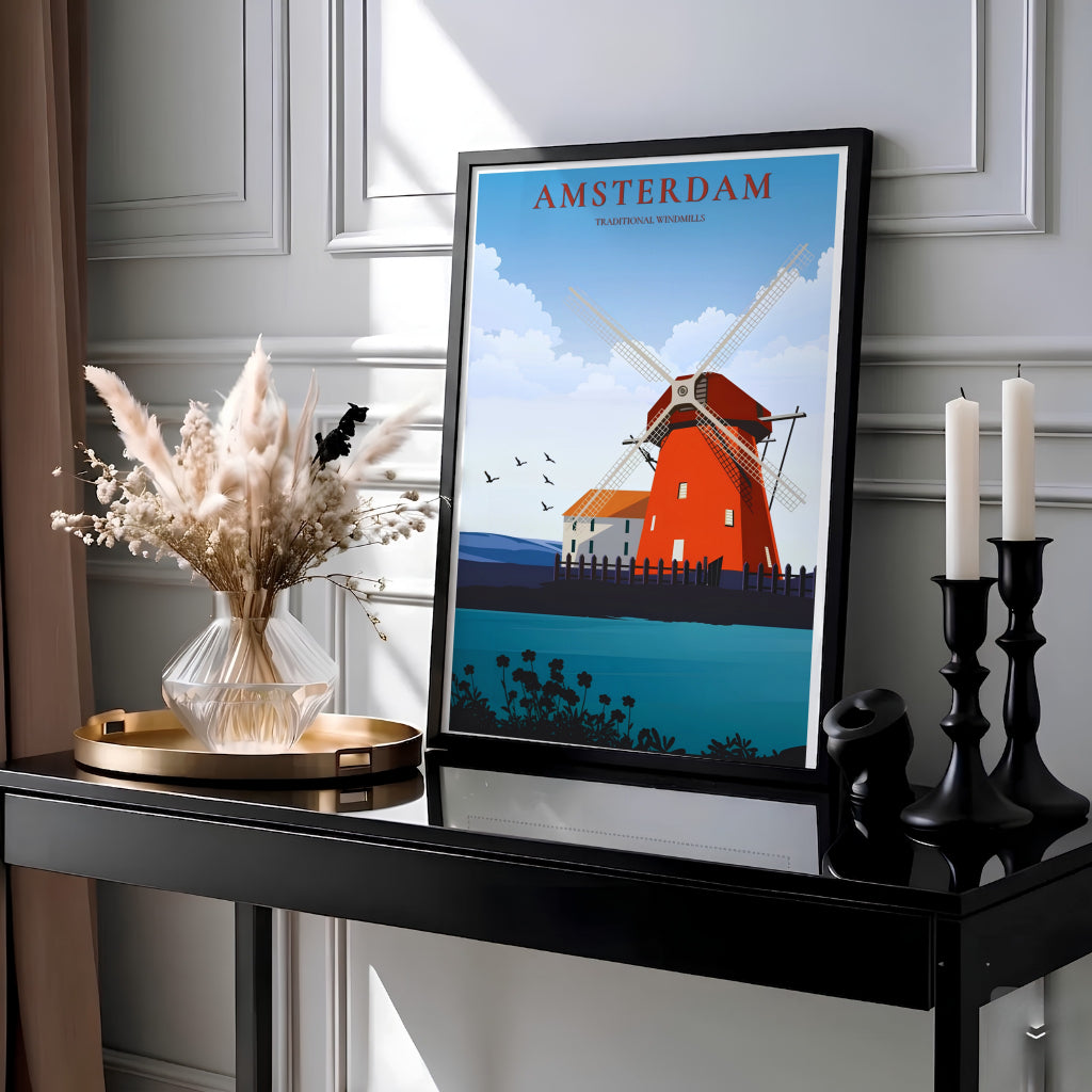 Mid-century style travel poster depicting a terracotta red windmill, serene blue water, and wild plant silhouettes in the Netherlands, crafted by MapYourDreams with choices available for an unframed paper print, a ready-to-hang gallery canvas, or custom framed wall art designed for coastal spaces.