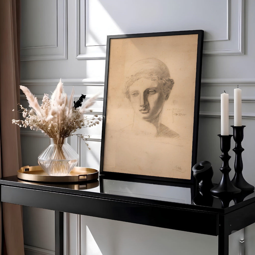Masterful classical pencil print of Egon Schiele Antique Head Study 1905 housed in Leopold Museum Vienna showcasing subtle graphite shading. MapYourDreams offers framed prints, unframed paper posters, and stretched canvas art prints for minimalist home libraries, reading nooks, and quiet work spaces.
