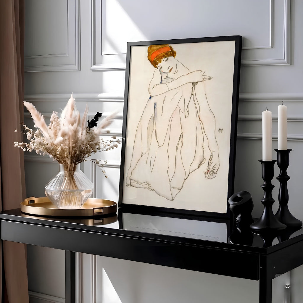 Striking Expressionist figure poster print of Egon Schiele Dancer Tanzerin 1913 preserved in Albertina Museum Vienna for modern eclectic interiors. MapYourDreams presents quality framed wall art, unframed poster options, and stretched canvas formats designed for cozy home library spaces.