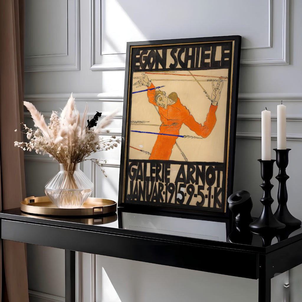 Viennese Expressionist exhibition poster of Egon Schiele Galerie Arnot 1915 from the Galerie Arnot Vienna collection with bold orange self portrait accents. Choose an unframed paper poster, a gallery stretched canvas print, or custom framed wall art directly from MapYourDreams for an artistic room decor.