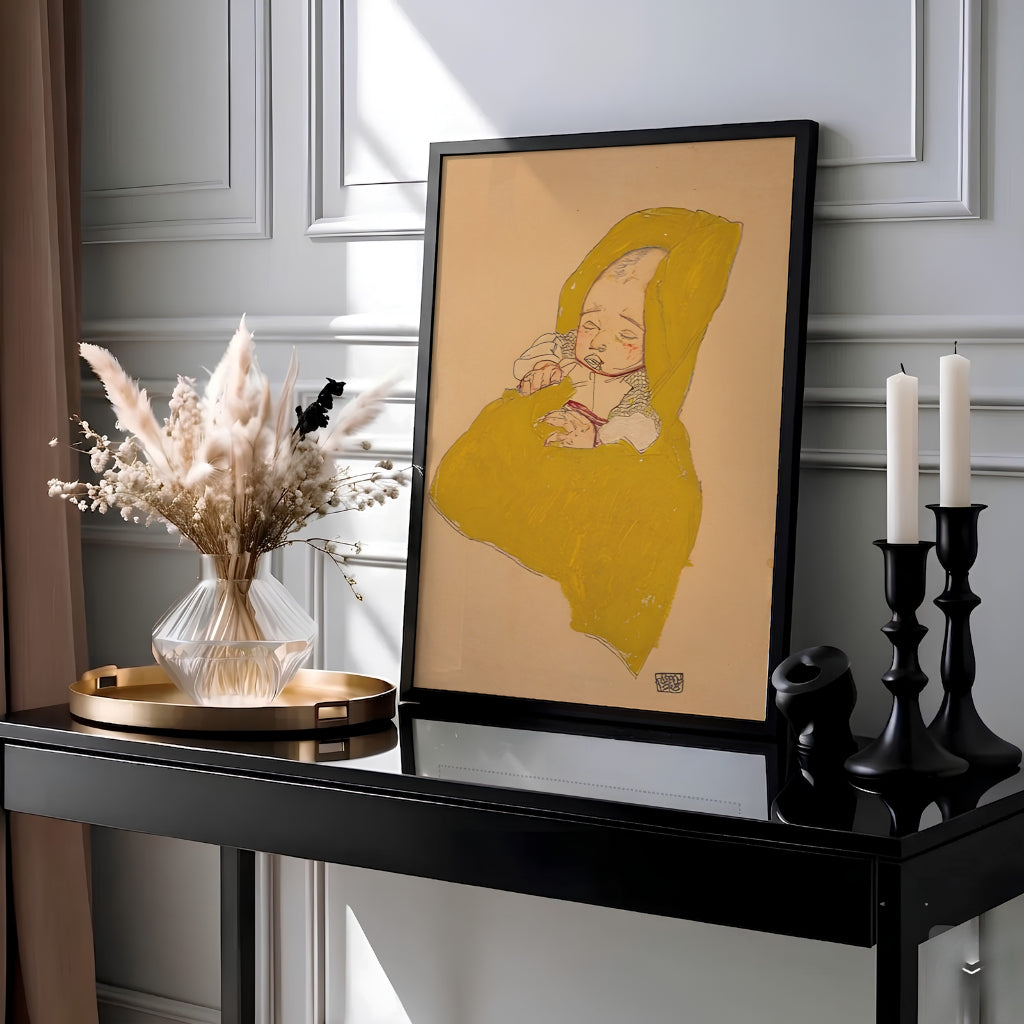 Classic museum nursery wall decor poster of Egon Schiele Infant On A Changing Pad 1915 at Leopold Museum Vienna featuring soft gouache gradations. Buy high-definition framed prints, unframed paper wall poster decor, and gallery canvas choices directly from MapYourDreams to complete your home.