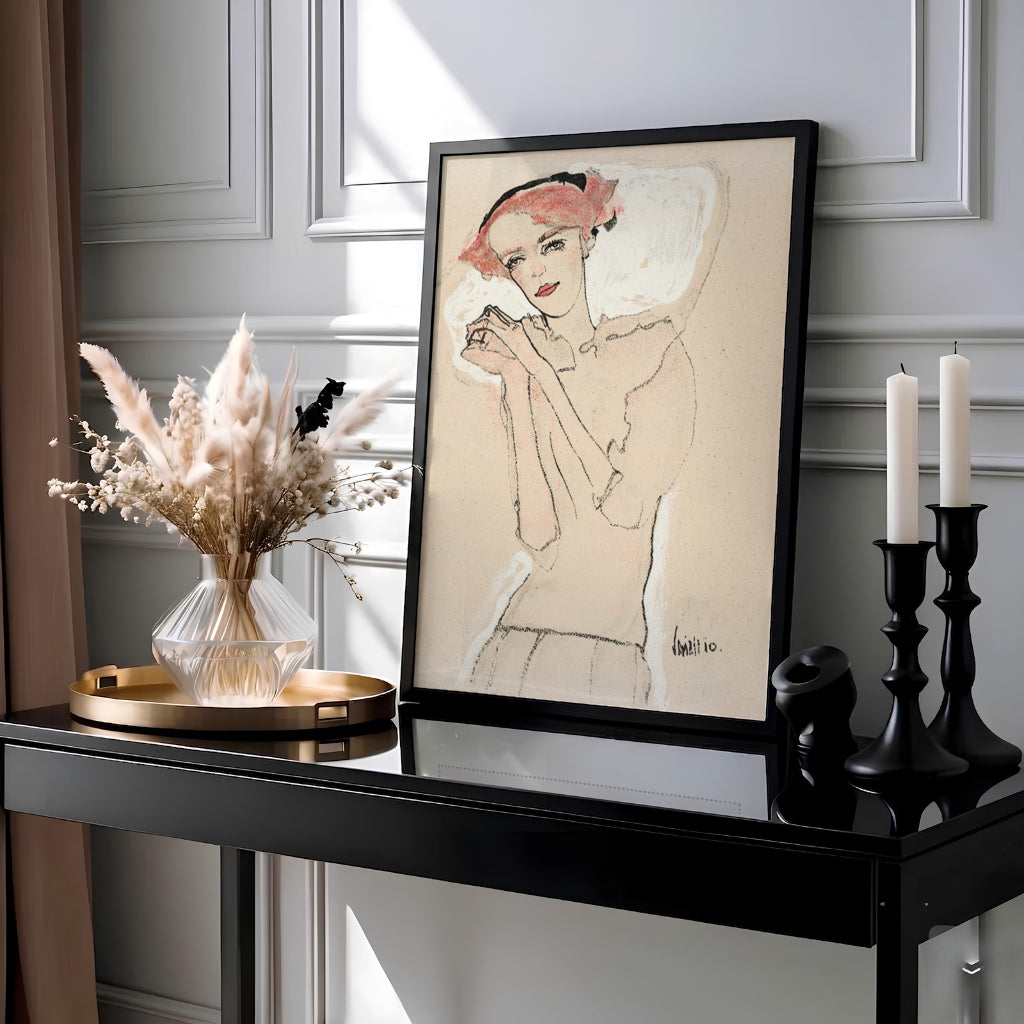 Masterful charcoal and pastel print of Egon Schiele Portrait Of A Woman 1910 created in Vienna Austria showcasing delicate facial contours. MapYourDreams offers framed prints, unframed paper posters, and stretched canvas art prints for serene bedrooms, reading nooks, and studio spaces.