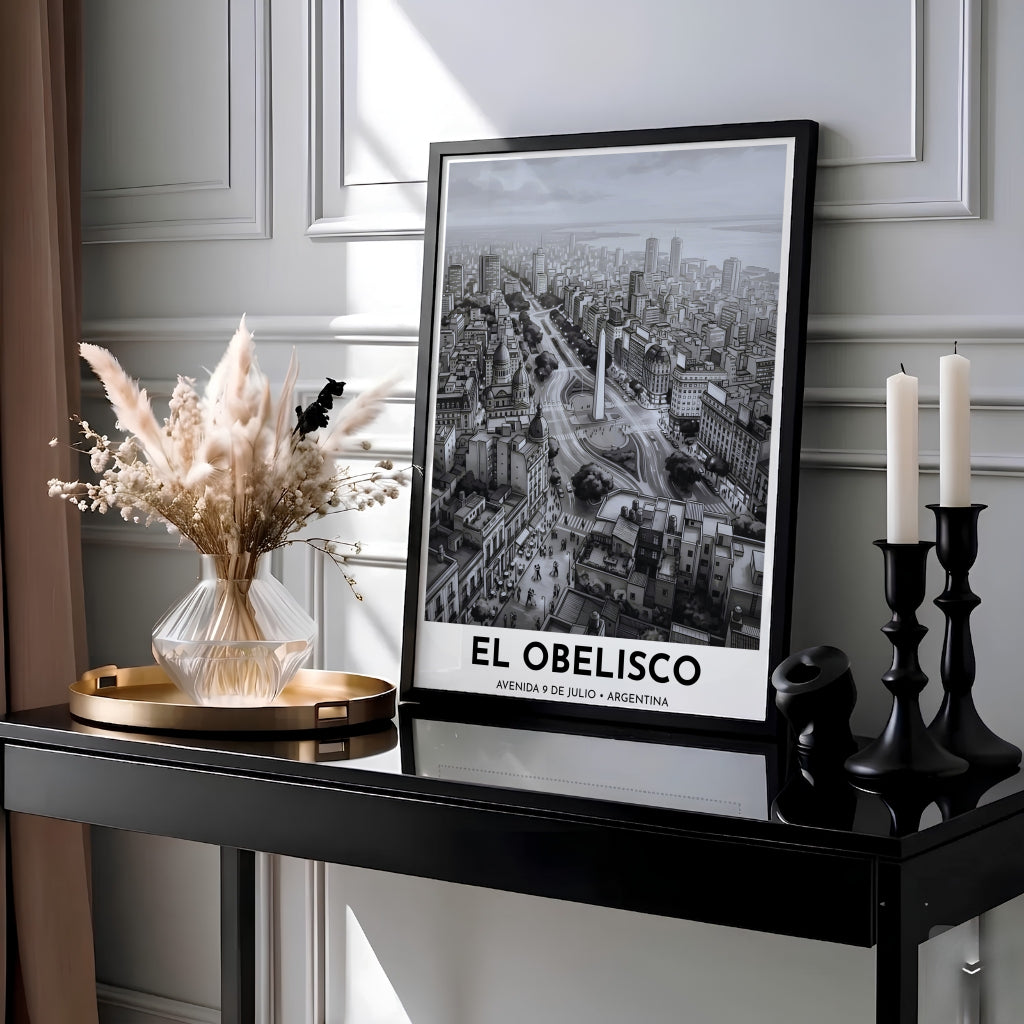 High-contrast monochrome travel poster of Avenida 9 de Julio in Buenos Aires showcasing European architecture and city traffic. Presented by MapYourDreams, this piece comes in flexible choices such as unframed paper stock, custom frames, and gallery canvas wraps.