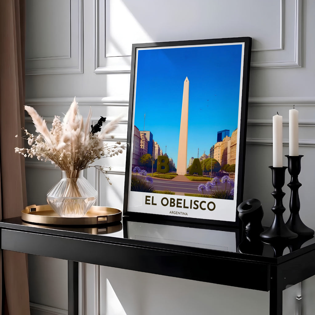 Color illustration print of El Obelisco in Argentina with emerald green BA topiary letters and blooming lavender agapanthus. Produced by MapYourDreams, you can order this design on fine art paper, mounted in protective frames, or as a canvas display.