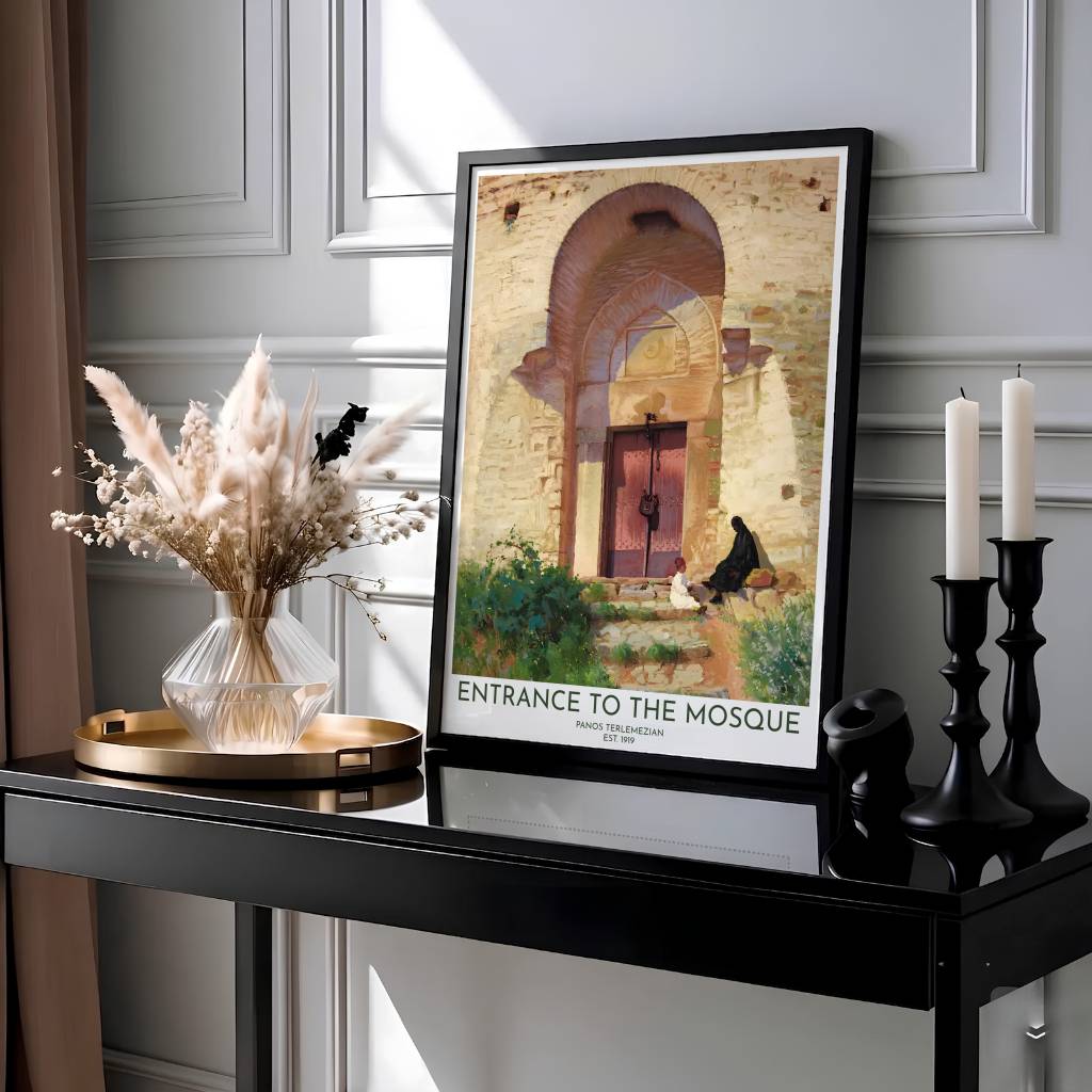 Sun-drenched Orientalist oil painting print of an ancient stone mosque portal by Panos Terlemezian with clean typography text at base. Presented by MapYourDreams, this artwork is available in flexible options including unframed paper, custom wooden frames, and gallery canvas wraps for living room art.