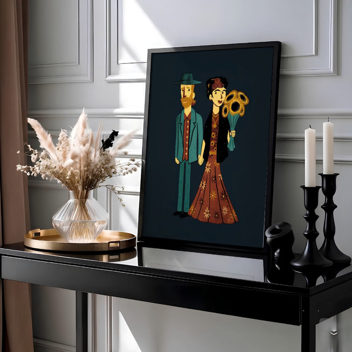 Historic artist mashup canvas print of Frida Kahlo And Van Gogh Couple 1939 with intricate dress patterns from Coyoacán, Mexico City. Buy high-definition framed prints, unframed paper wall decor, and gallery canvas options directly from MapYourDreams for your home today.