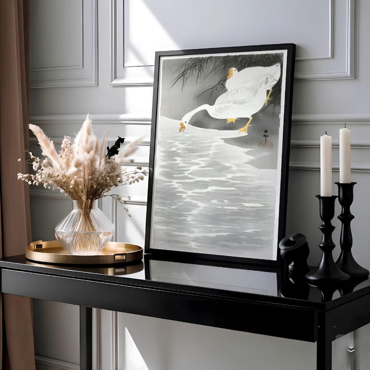 Vintage 1900 1930 Shin-hanga Japanese waterfowl poster by artist Ohara Koson showing white geese by the water from Kyoto art archives. Available as unframed prints, gallery canvas, or framed wall decor at MapYourDreams.