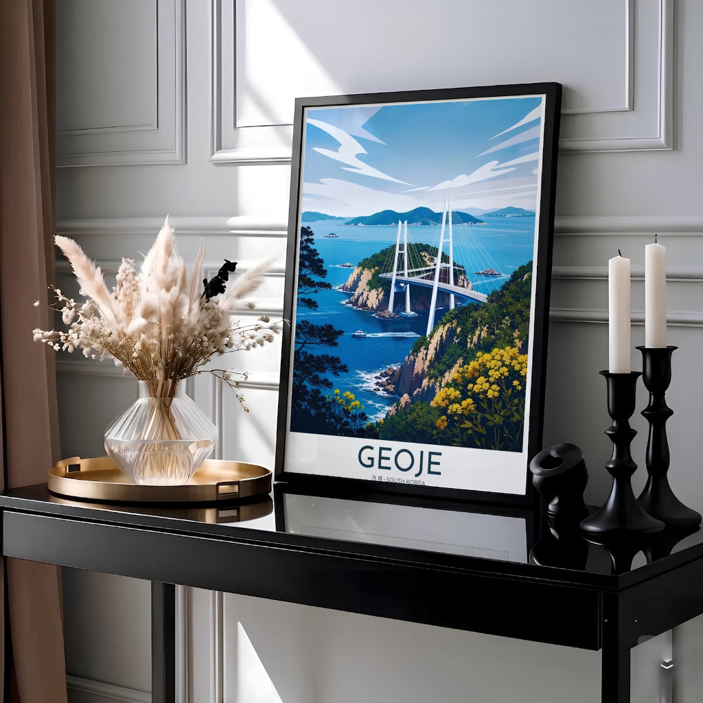 Elegant Asian coastal landscape artwork depicting the modern architecture of Geoga Bridge linking island cliffs and sea straits in Geoje, South Korea. Offered by MapYourDreams, this artwork is available in flexible options including unframed paper, custom wooden frames, and gallery canvas wraps.
