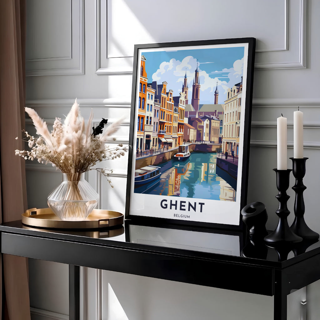 Modern retro art print featuring blue sky, puffy clouds, and canal water reflections in Ghent, Belgium. MapYourDreams provides this piece across multiple versatile formats including archival paper prints, custom framed styles, and stretched gallery canvas.