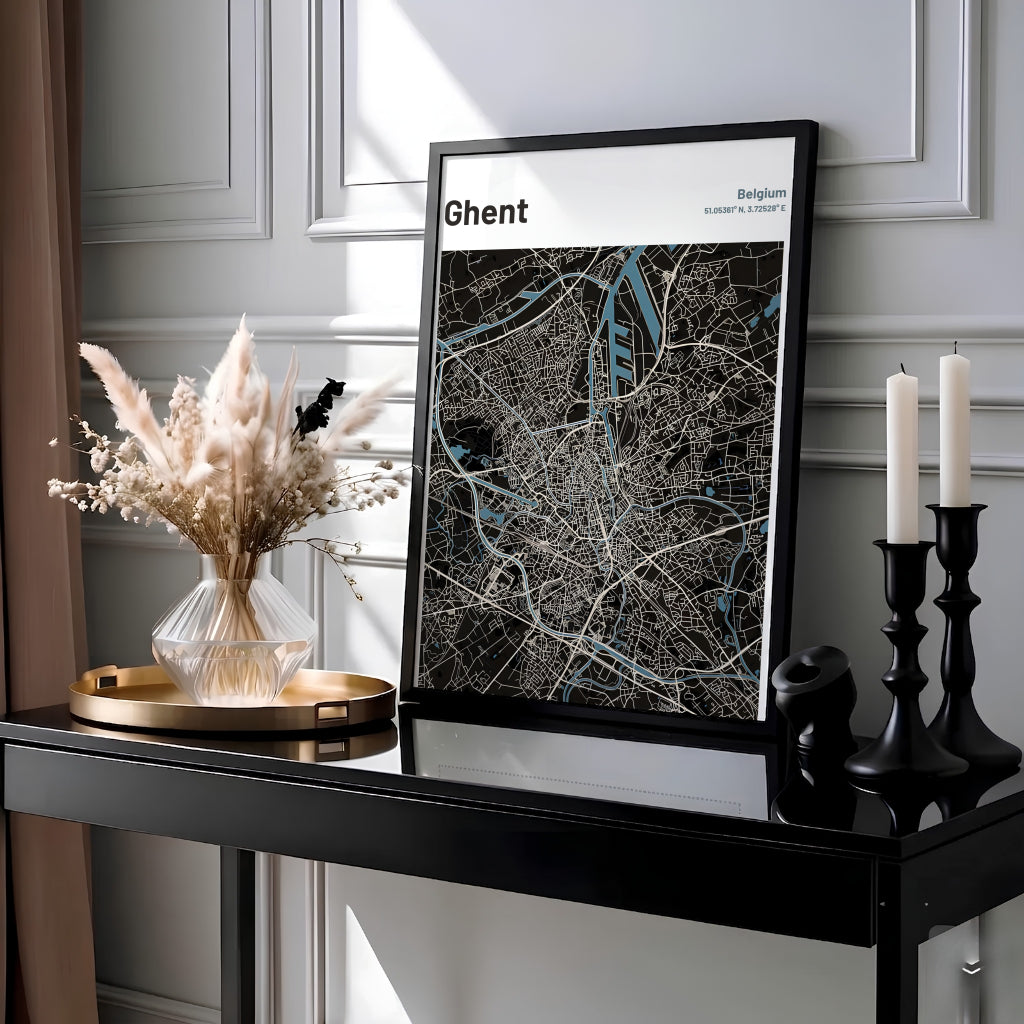 High-contrast street map print of Ghent, Belgium, featuring geographic coordinates and blue water channels. MapYourDreams provides this piece across multiple versatile formats including archival paper prints, custom framed styles, and stretched gallery canvas.