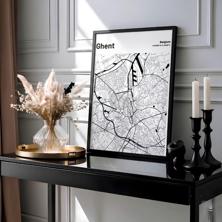 High-contrast black and white street map print of Ghent, Belgium, featuring geographic coordinates. MapYourDreams provides this piece across multiple versatile formats including archival paper prints, custom framed styles, and stretched gallery canvas.