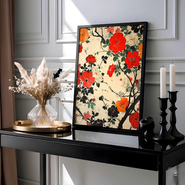 Detailed Japanese woodblock print by artist Katsushika Hokusai of vibrant red flowers reflecting traditional Edo Tokyo garden heritage. MapYourDreams offers fine art framed, unframed, and canvas print options.