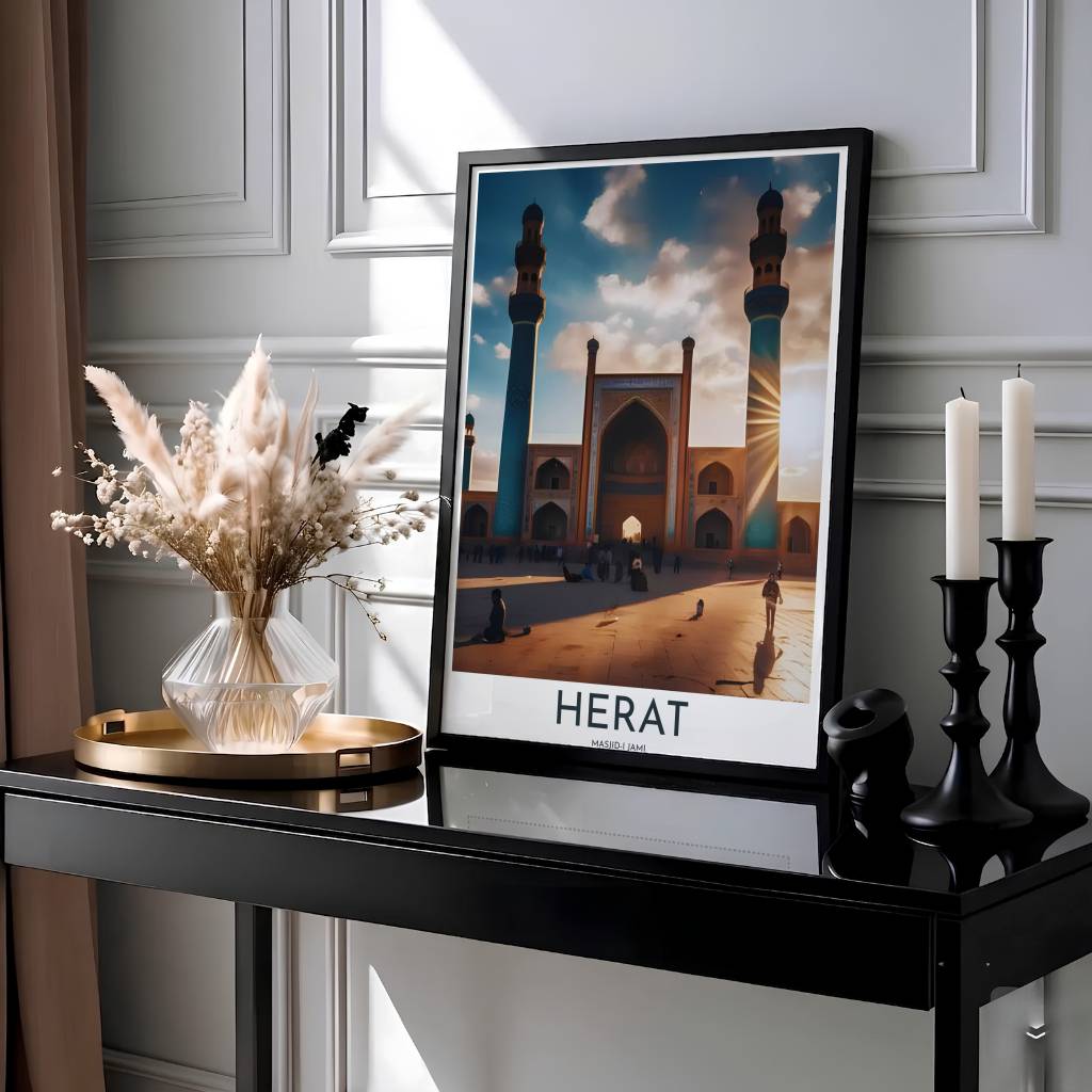 Scenic sunset photo print of Herat Afghanistan Great Mosque with twin minarets and clean typography reading Herat. Presented by MapYourDreams, this artwork is available in flexible options including unframed paper, custom wooden frames, and gallery canvas wraps for living room art.