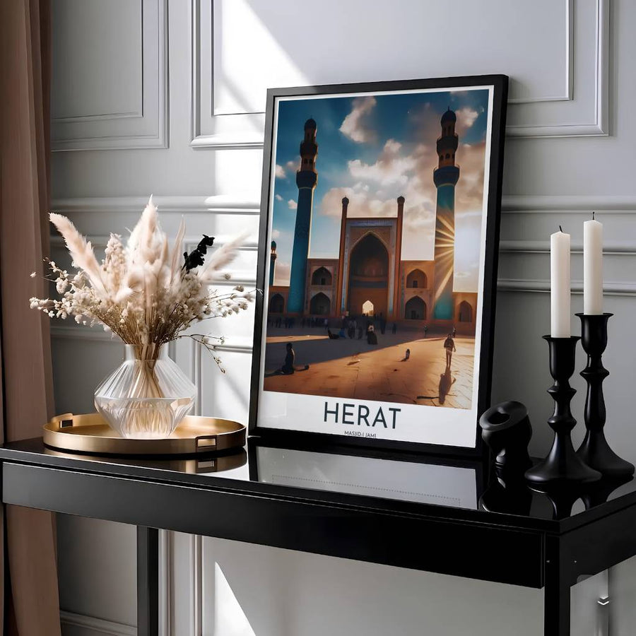 Scenic sunset photo print of Herat Afghanistan Great Mosque with twin minarets and clean typography reading Herat. Presented by MapYourDreams, this artwork is available in flexible options including unframed paper, custom wooden frames, and gallery canvas wraps for living room art.