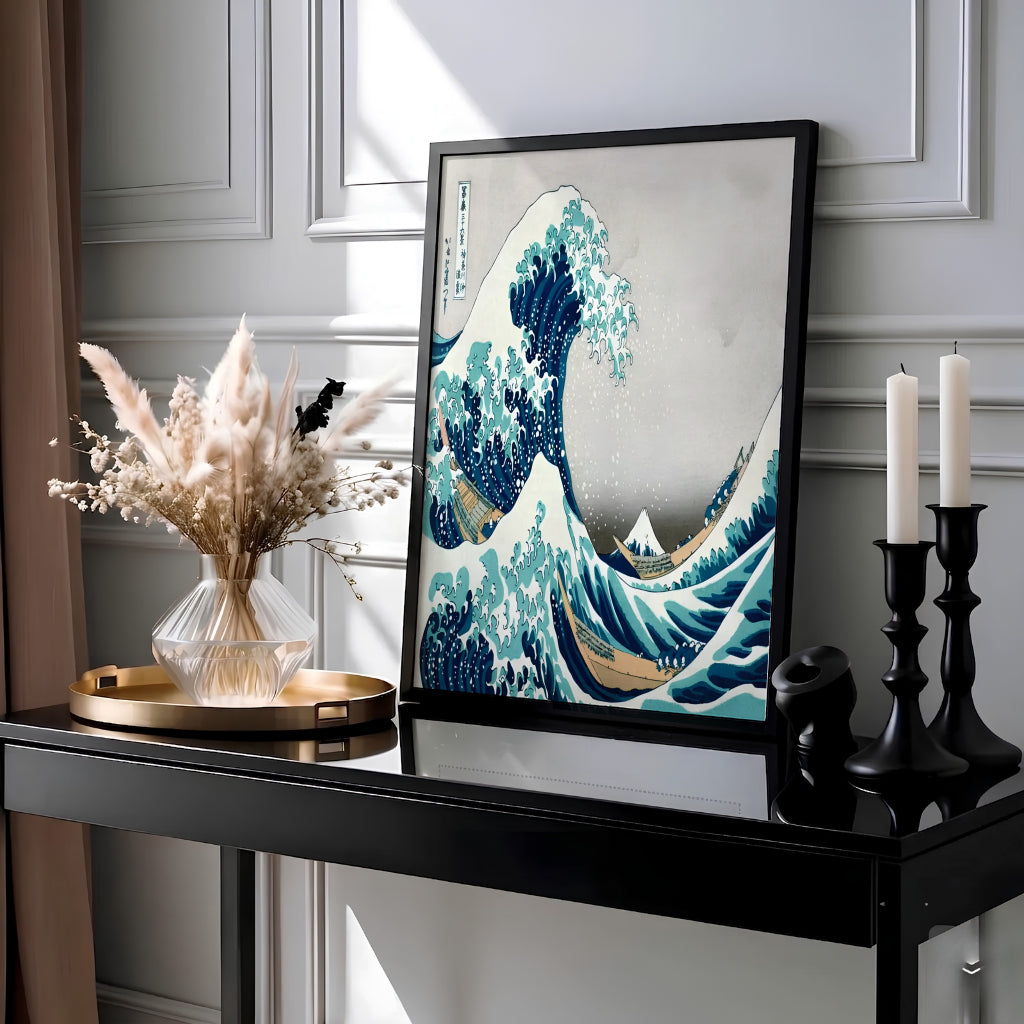 Detailed Japanese woodblock print by artist Katsushika Hokusai of Prussian blue ocean waves facing Mount Fuji off Kanagawa. MapYourDreams offers fine art framed, unframed, and canvas print options.