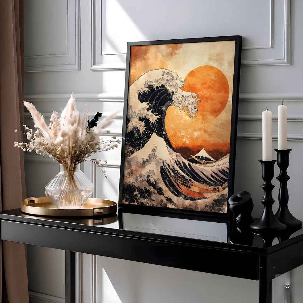 Vintage Edo period Japanese sunset ocean poster by artist Katsushika Hokusai depicting a giant wave and Mount Fuji off Kanagawa. Available as unframed prints, gallery canvas, or framed wall decor at MapYourDreams.