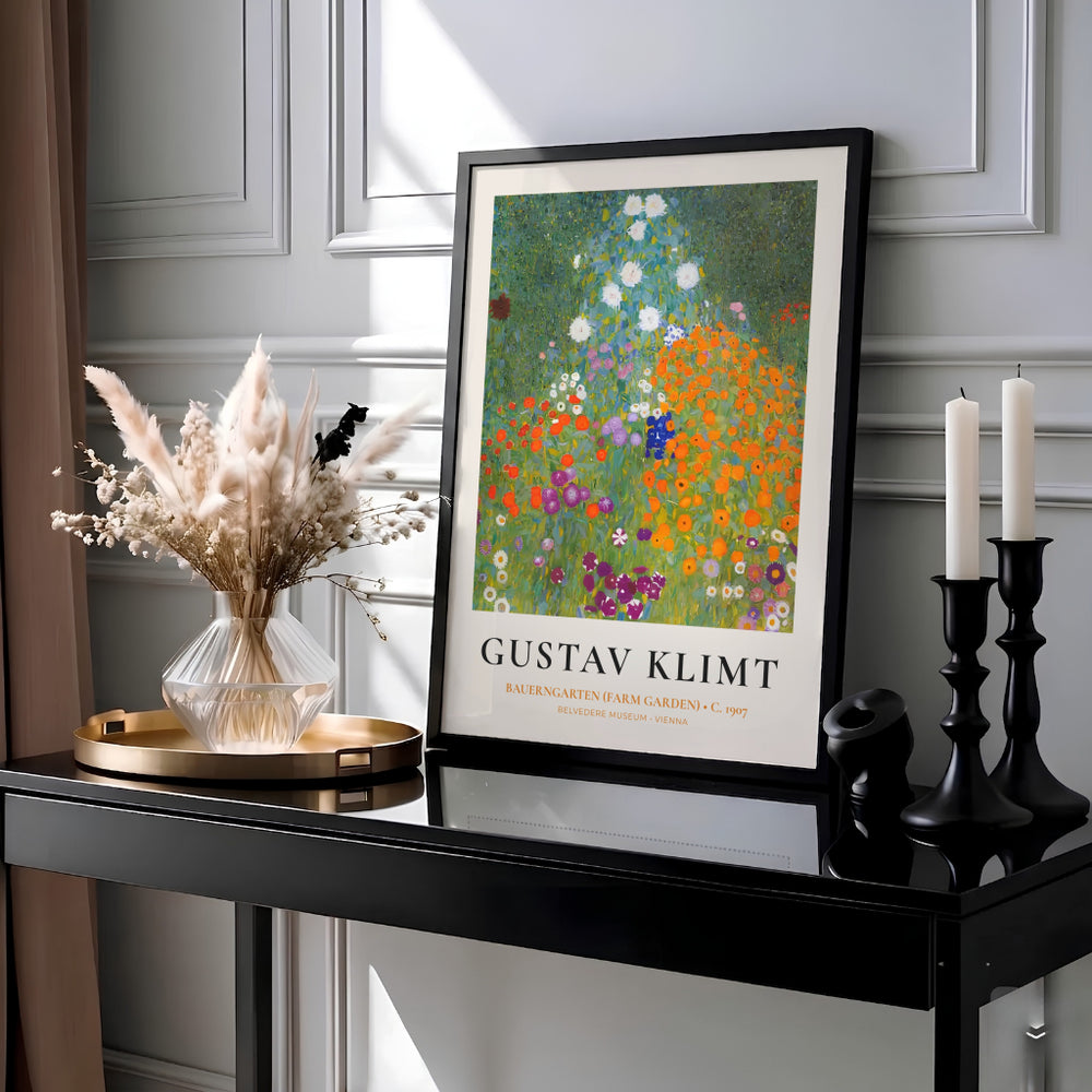 Luminous Art Nouveau botanical print of Gustav Klimt Bauerngarten Farm Garden 1907 created in Vienna, Austria featuring colorful poppies and dahlias. Select an unframed fine art paper print, a gallery stretched canvas print, or custom framed wall decor directly from MapYourDreams.