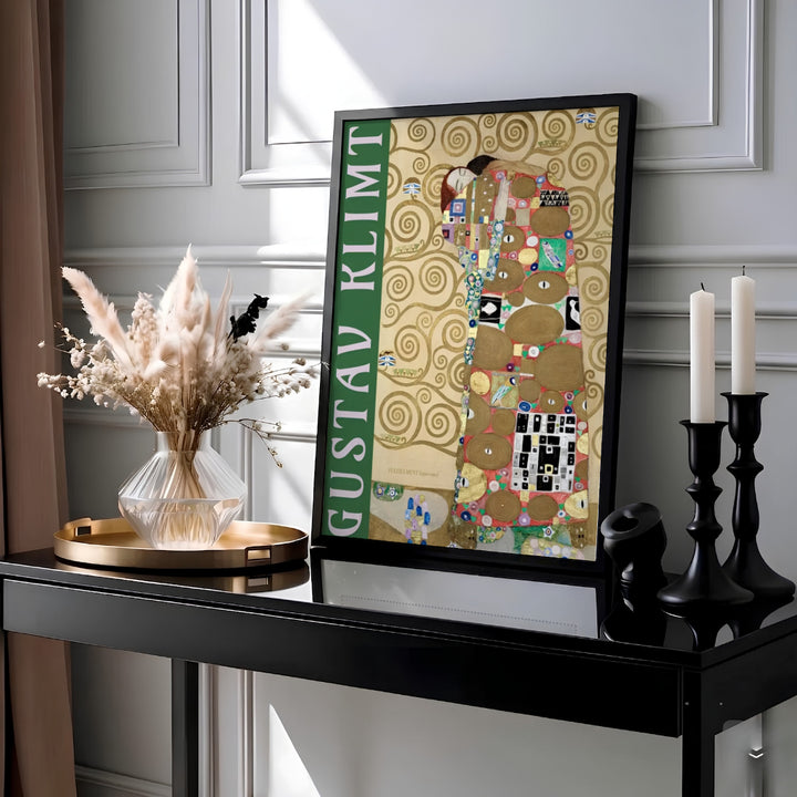 Scenic golden mosaic poster print of Gustav Klimt Fulfillment Die Erfullung 1909 set in the Stoclet Palace in Brussels Belgium. MapYourDreams features high-quality framed wall decor, unframed poster prints, and stretched canvas options ideal for dining room wall decoration.