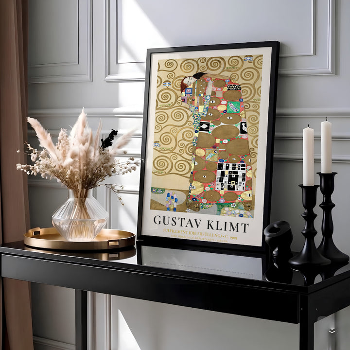 Austrian Art Nouveau gold poster of Gustav Klimt Fulfillment Die Erfüllung 1909 created for the Palais Stoclet in Brussels Belgium featuring swirling spiral tree branches. Choose an unframed fine art paper poster, a gallery stretched canvas print, or custom framed wall art directly from MapYourDreams.