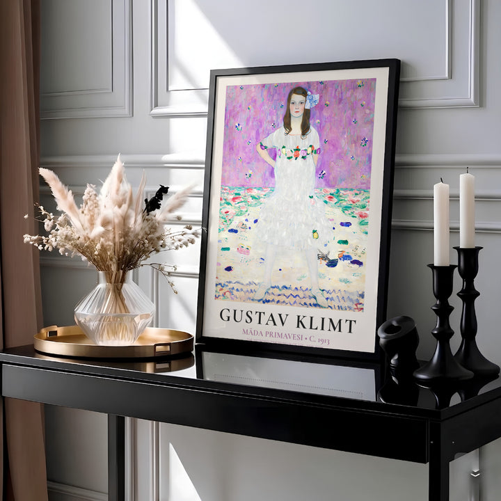Austrian expressionist poster of Gustav Klimt Mada Primavesi 1913 preserved at The Metropolitan Museum of Art in New York featuring a vibrant lilac floral background. Choose an unframed paper poster, a gallery stretched canvas print, or custom framed wall art directly from MapYourDreams.