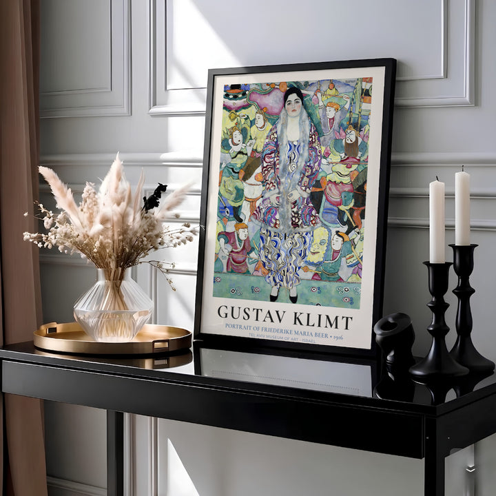 Austrian avant-garde poster of Gustav Klimt Portrait Of Friederike Maria Beer 1916 housed at Tel Aviv Museum of Art in Israel featuring a rich oriental battle scene backdrop. Choose an unframed paper poster, a gallery stretched canvas print, or custom framed wall art directly from MapYourDreams.