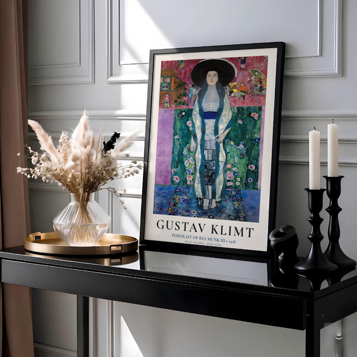 Austrian Expressionist poster of Gustav Klimt Portrait Of Ria Munk III 1918 preserved at Neue Galerie New York featuring a vibrant green floral garden wall background. Choose an unframed paper poster, a gallery stretched canvas print, or custom framed wall art directly from MapYourDreams.