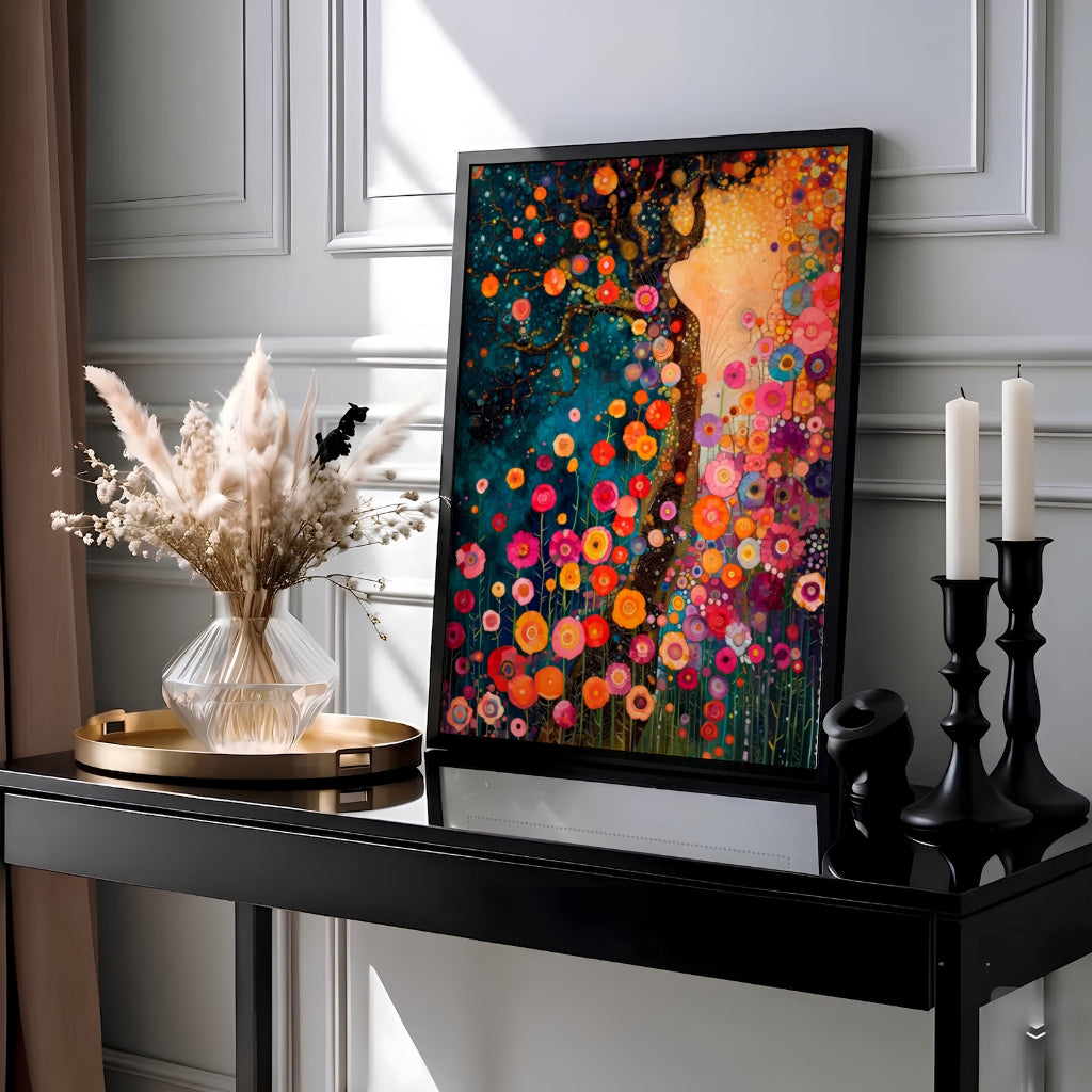 Symbolist botanical poster of Gustav Klimt Style Dream Of Flowers featuring a dark teal night sky filled with glowing golden orbs. Choose an unframed paper poster, a gallery stretched canvas print, or custom framed wall art directly from MapYourDreams for an expressive gallery wall look.
