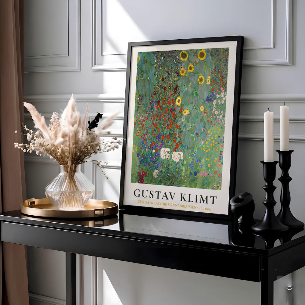 Viennese Secessionist floral poster of Gustav Klimt Sunflowers Die Sonnenblumen 1907 in the Belvedere Museum Vienna display. Select an unframed paper poster, a gallery stretched canvas print, or custom framed wall art directly from MapYourDreams for an authentic fine art touch.