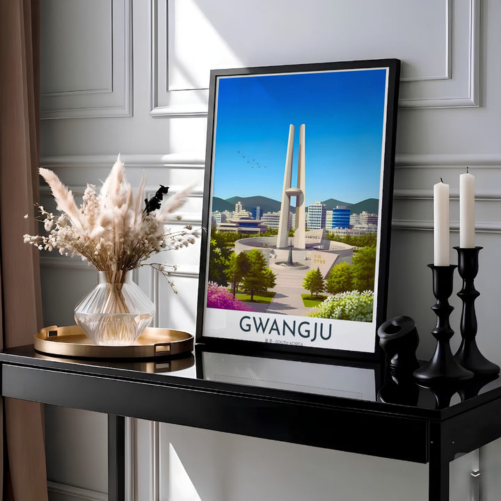 Striking architectural wall art highlighting the twin concrete pillars of the May 18 Memorial in Gwangju, South Korea, rising into a clear blue sky above distant mountain ranges. Offered by MapYourDreams, this artwork is available in flexible options including unframed paper, custom wooden frames, and gallery canvas wraps.