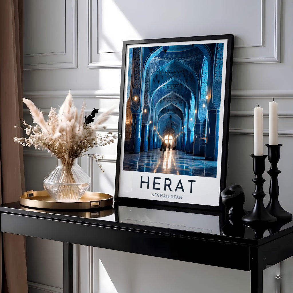 Exhibition style Herat Blue Mosque wall art print featuring cobalt tile archways and polished reflections in Afghanistan, presented by MapYourDreams in options including unframed fine art poster paper, stretched canvas wall art, or custom framed prints in classic black frames for living room spaces.