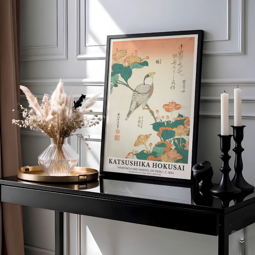 Vintage Edo period bird and flower poster Hawfinch and Marvel-of-Peru by artist Katsushika Hokusai showing a hawfinch on a branch in Boston. Available as unframed prints, gallery canvas, or framed wall decor at MapYourDreams.